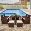 (Limited time purchase) Outdoor 9 Pcs Wood Grain PE Wicker Rattan Dining Ottoman with Tempered Glass Table Patio Furniture Set XH